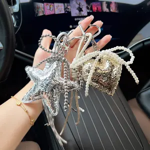 Fashion PU Leather Star & Heart Keychain, Y2K Bling Cracked Texture Bag Charm with Beaded Chain, Versatile Car Key Ring Accessory for Women