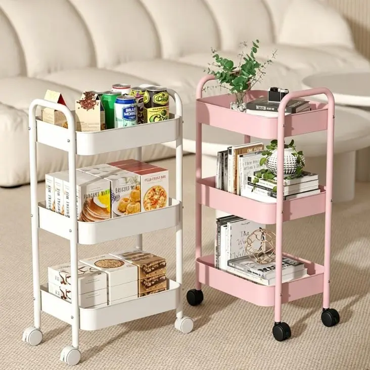 Pink Adjustable Metal 3-Tier Storage Cart - Rolling Bedroom Organizer Trolley with Silent Lockable Wheels, Room Storage for Baby Supplies, Crafts, Art Supplies