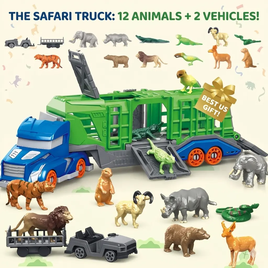 Safari Animal Transport Truck Toy for Toddlers 3-6, Zoo Animals Carrier Truck with 12 Jungle Animal Figures, Educational Playset Birthday Gift for Boys Girls