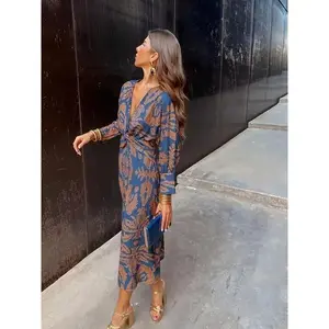 Navy blue floral wrap midi dress with a deep V-neck and long sleeves, retro boho wedding guest dress, 100% polyester, women’s maxi dress, bridal fabric, pockets, minimalist basic design