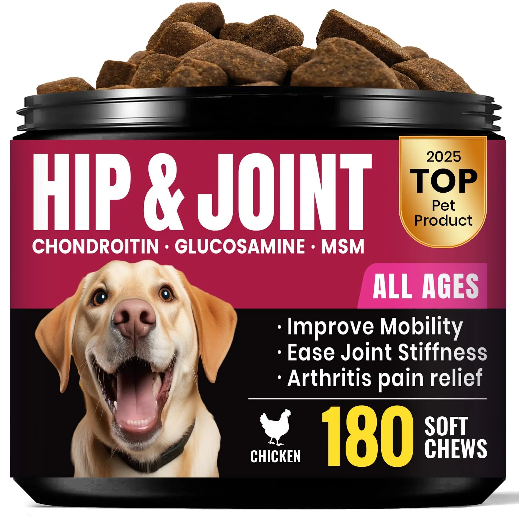 Glucosamine Hip & Joint Soft Chews for Dogs – 180 Count, with Chondroitin, MSM & Krill, for Senior & Large Breeds, Chicken Flavored