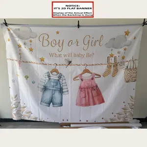 2D Flat Banner 1pc, Gender Reveal Banner - Polyester, boy or girl theme with clouds, stars, and baby clothes, durable and fun music-themed design High Quality Photo Studio Props, Party Decorations, Event Backg, Gender Reveal Backdrop