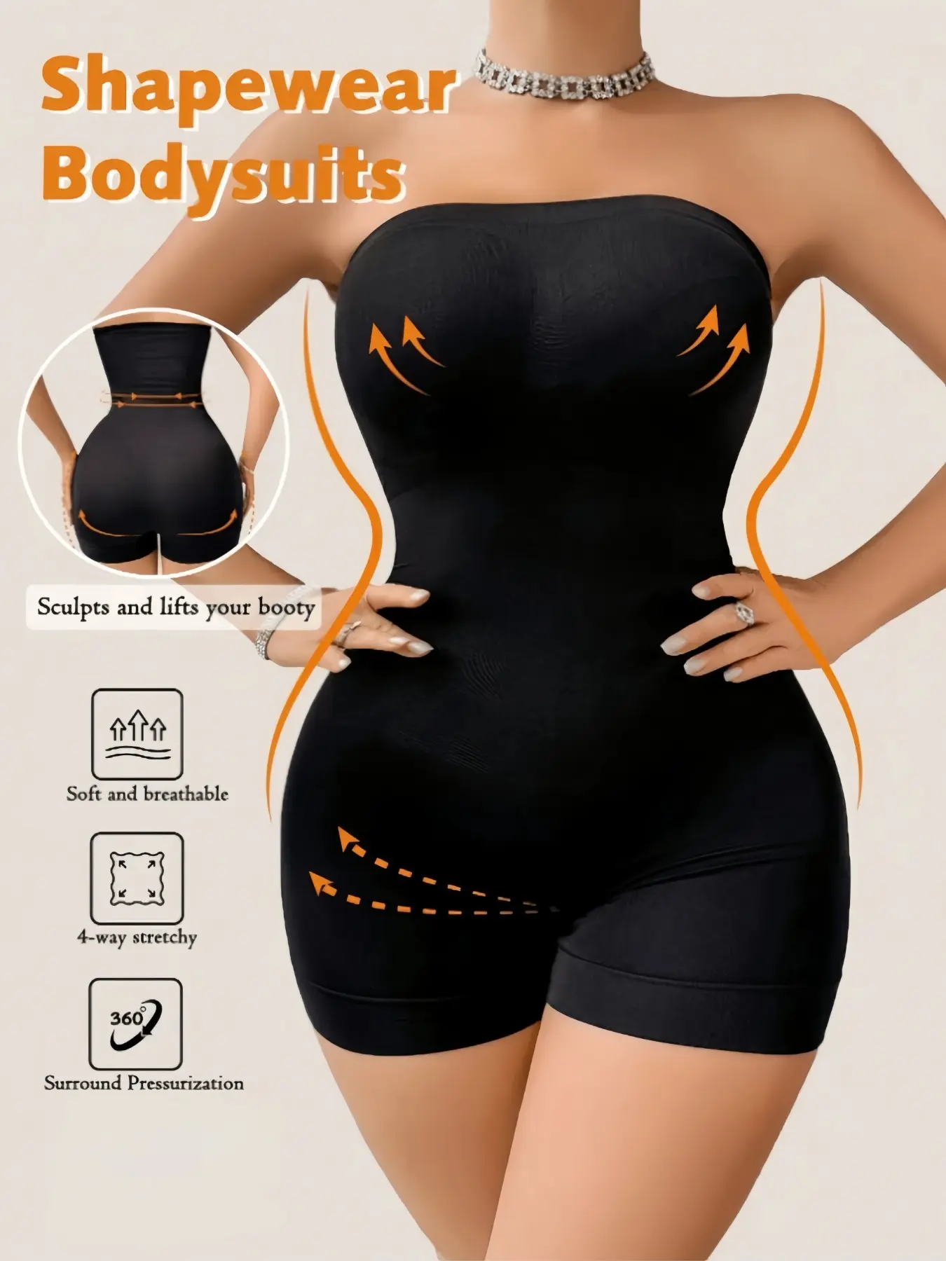 Women's Minimalist Solid Color Strapless Bodysuit Flat Belly Shapewear Body Shapers, Anti-slip High Stretch Seamless Sculpting Shaperwear, Tummy Control, Butt Lift Jumpsuit, Soft Breathable Fabric, Invisible Under Outfits, Suitable For Various Occasions