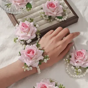 6Pcs Korean Style Artificial Rose Wrist Corsage Set, Pearl Fabric Flower Wrist Boutonniere, Elegant Floral Wrist Accessories for Wedding Engagement Bridal Groom Bridesmaid Prom Spring Fall Party Decor