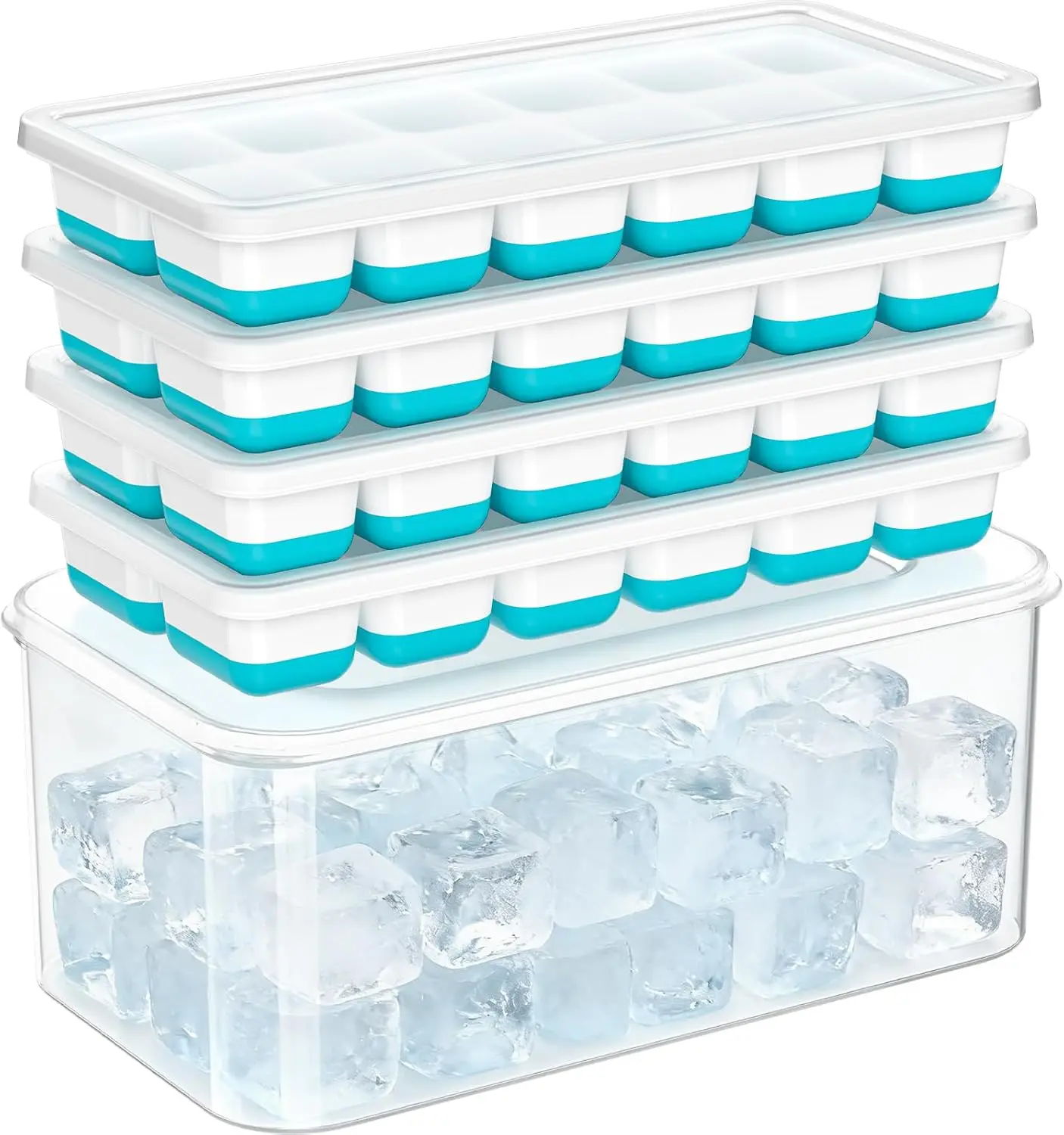 Ice Cube Tray with Lid & Bin - 4 Pack 48 Cubes Stackable Silicone Trays for Freezer with Storage Container, Leak-Proof Lids, BPA-Free, Easy Release for Kitchen, RV, Party, Cocktail & Coffee