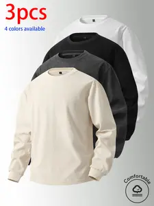 3-pack men’s crewneck sweatshirts, minimalist casual loose-fit tops with long sleeves featuring a vertical textured design and solid basic styles, made from skin-friendly, breathable fabric—ideal for everyday commuting outfits.