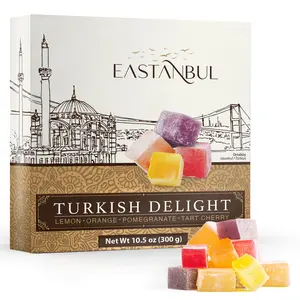 Eastanbul Turkish Delights Assorted with 4 Flavors Pomegranate Orange Tart Cherry Lemon 10.5oz Vegan Gluten-Free Candy for Gifts and Celebrations