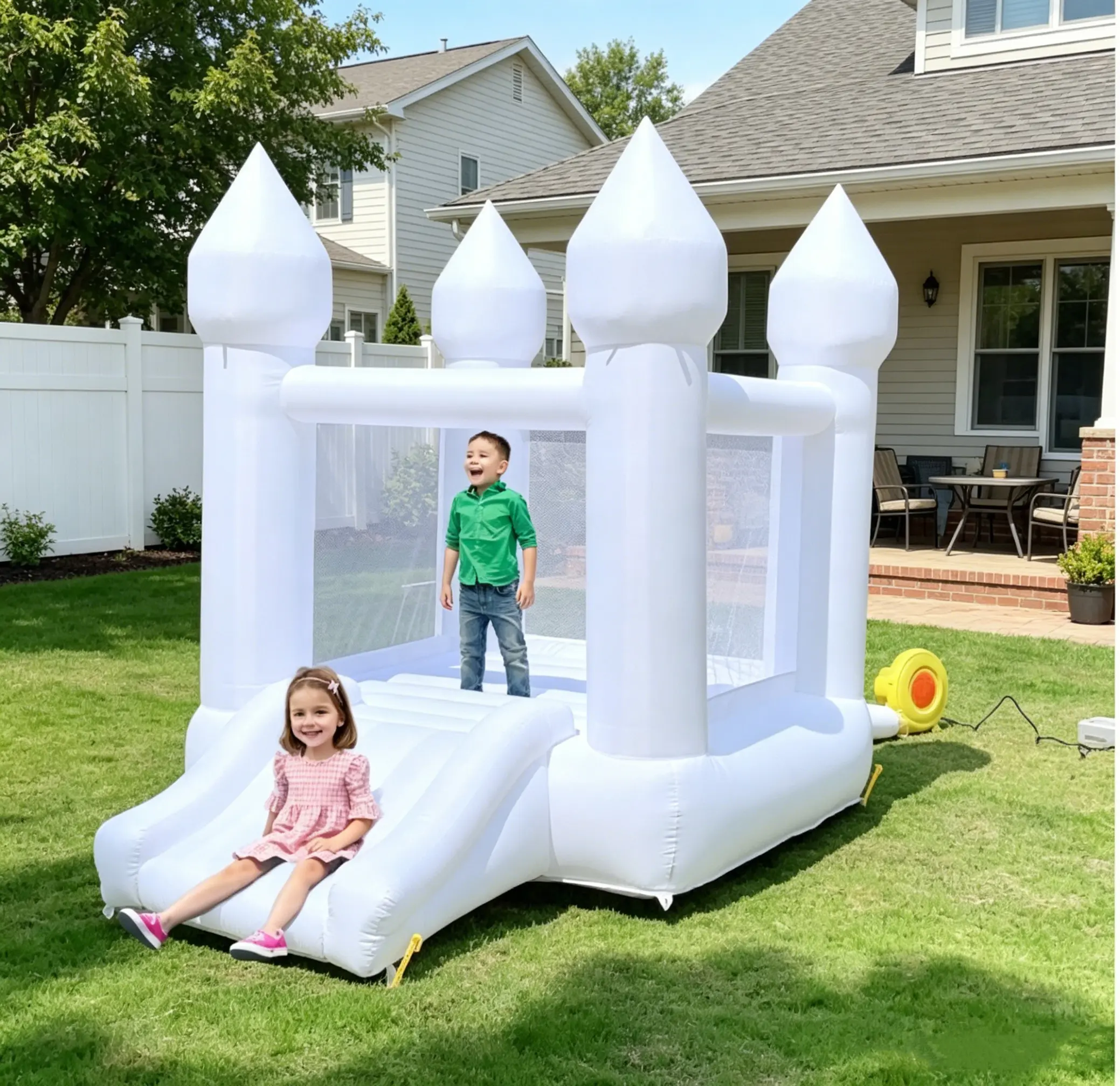 Oxford White Bounce House with Slide and Air Blower for Kids&Toddler Inflatable Trampoline with Blower, Jumping Castle with Slide, Home Backyard Bouncy Castle for Kids Halloween, Christmas, Birthday Gift campingessentials