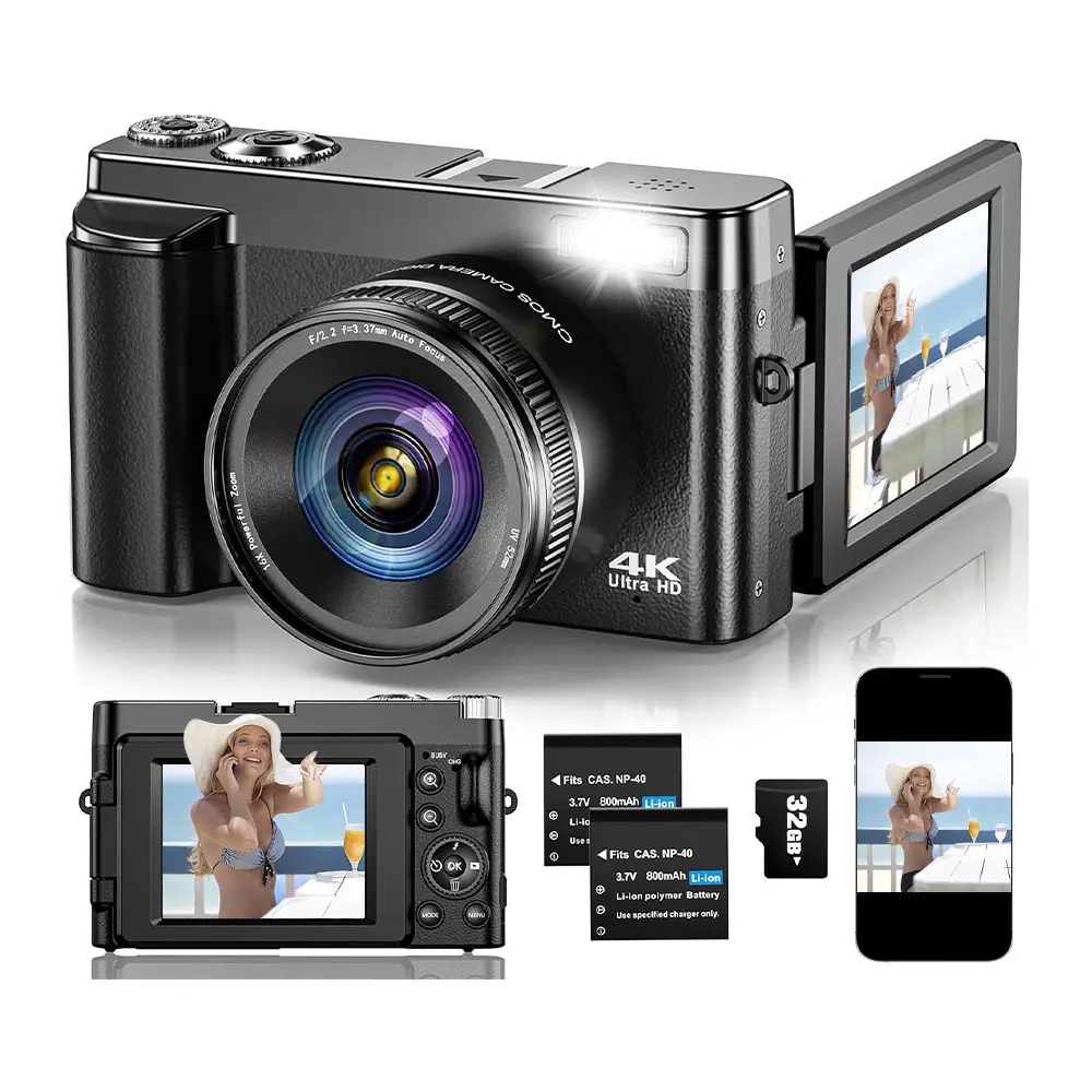 CAMKORY 4K Digital Camera DC101 for Photography & Vlogging with 3" 180° Flip Screen 16X Anti-Shake 4K Ultra HD Video 48MP CMOS Chip Built-in Flash 2 Batteries & Charging Stand Classic White, Vlogging Cameras, High Definition Camera