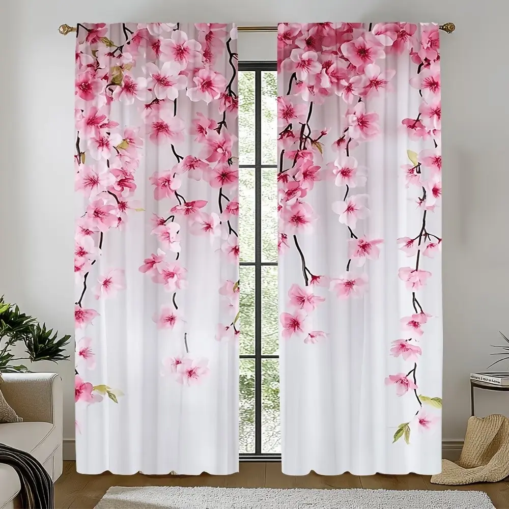 2pcs Cherry Blossom Curtains Rod Pocket, Japanese Style Floral Drape for Bedroom, Living Room, Minimalist Spaces, Contemporary Design, Home Decorative Curtain, Home Decoration Curtain, Window Curtain, Window Drapes