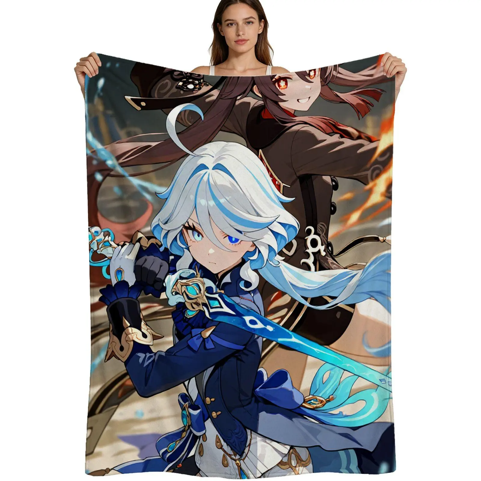 Anime Style, Warm Flannel Blanket, Genshin Impact Hu Tao And Furina Character Art, Soft Plush Fabric With Vibrant Digital Print, For Gamers And Anime Fans Bedroom Or Sofa Use, 4 Sizes Available Single Pack