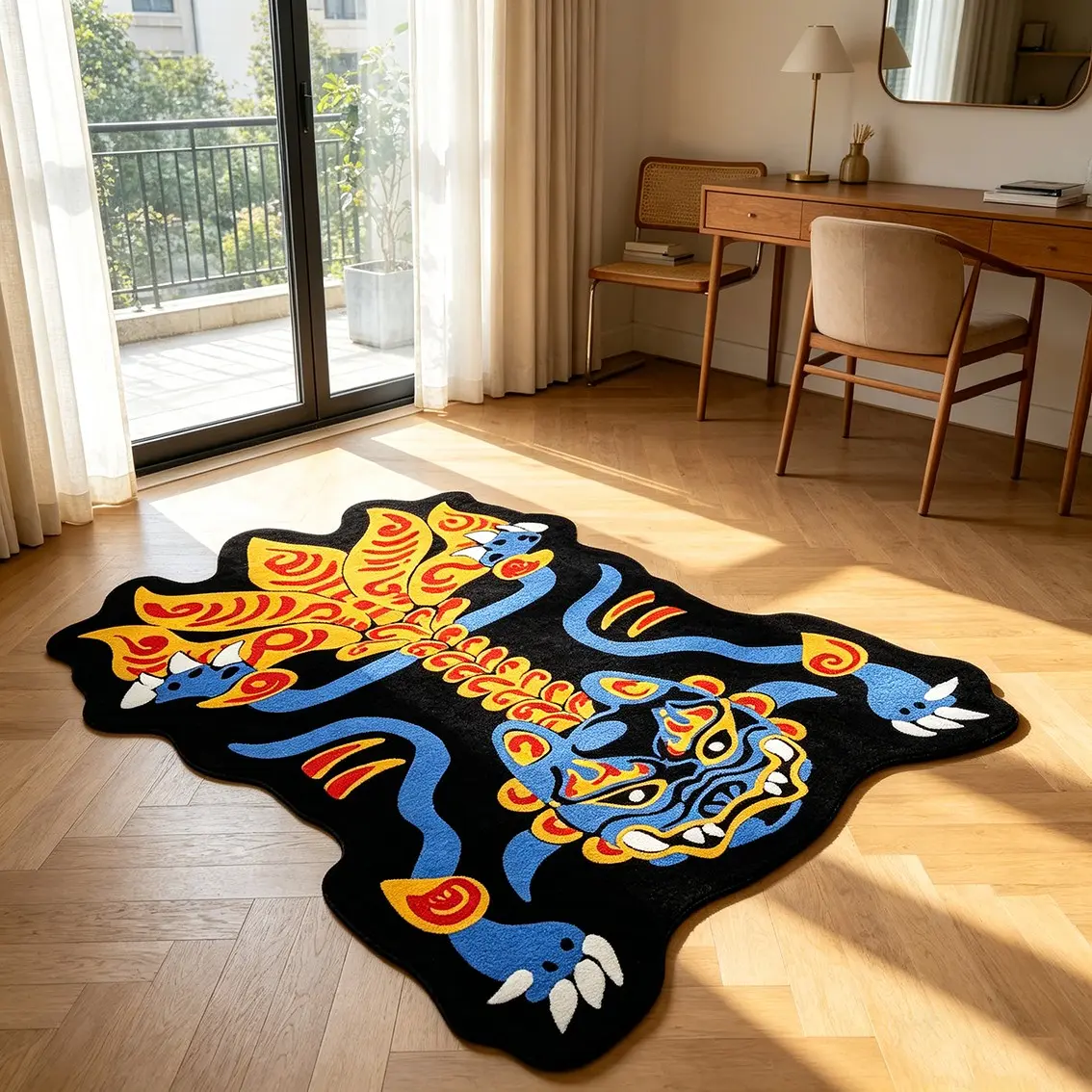 China-Chic stone lion shaped carpet traditional auspicious animal velvet floor mat bedroom living room anti-skid wear-resistant foot mat national atmosphere decorative mat suitable for new Chinese/China-Chic family decoration