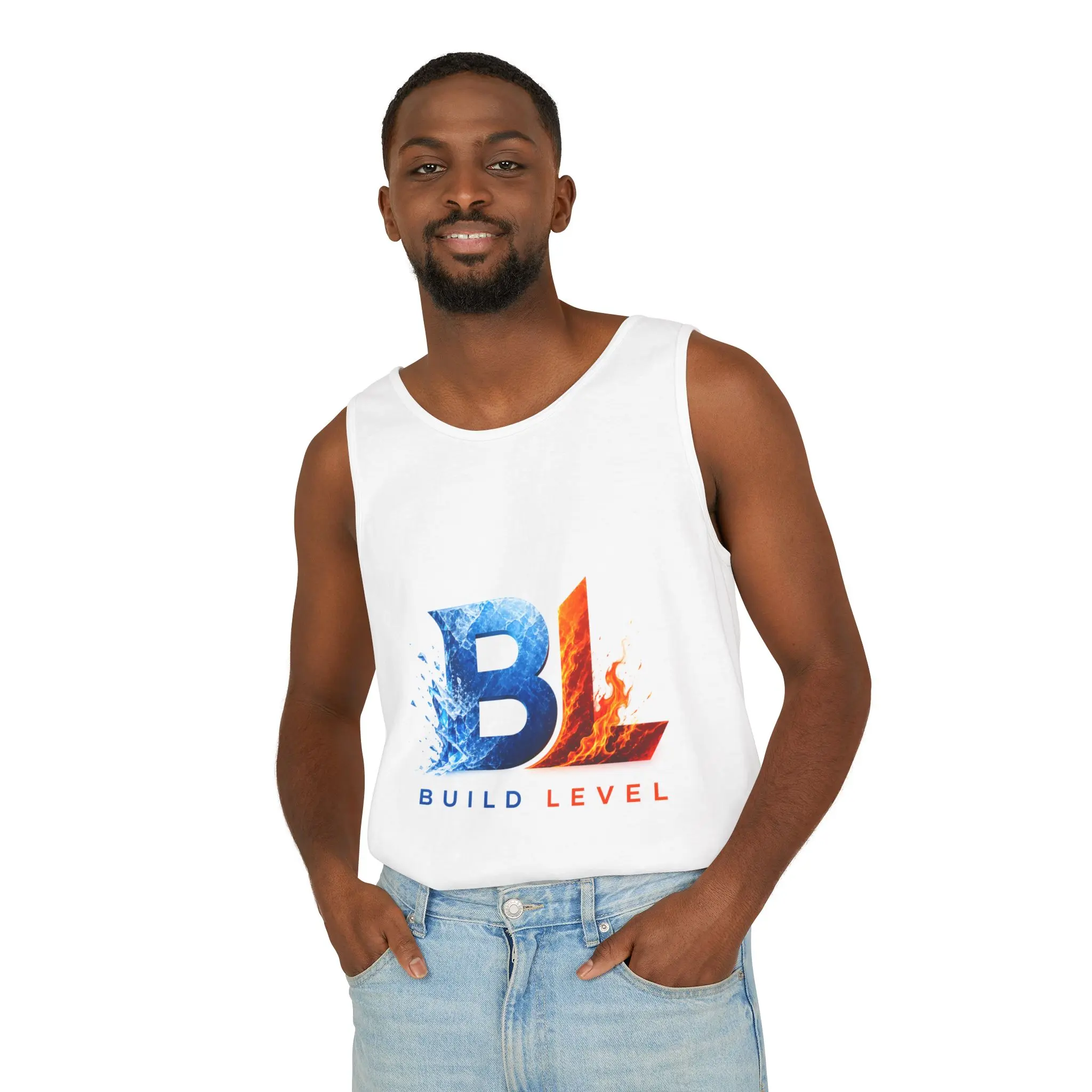 Build Level BL Logo Tank Top | Blue Fire Splash Graphic
