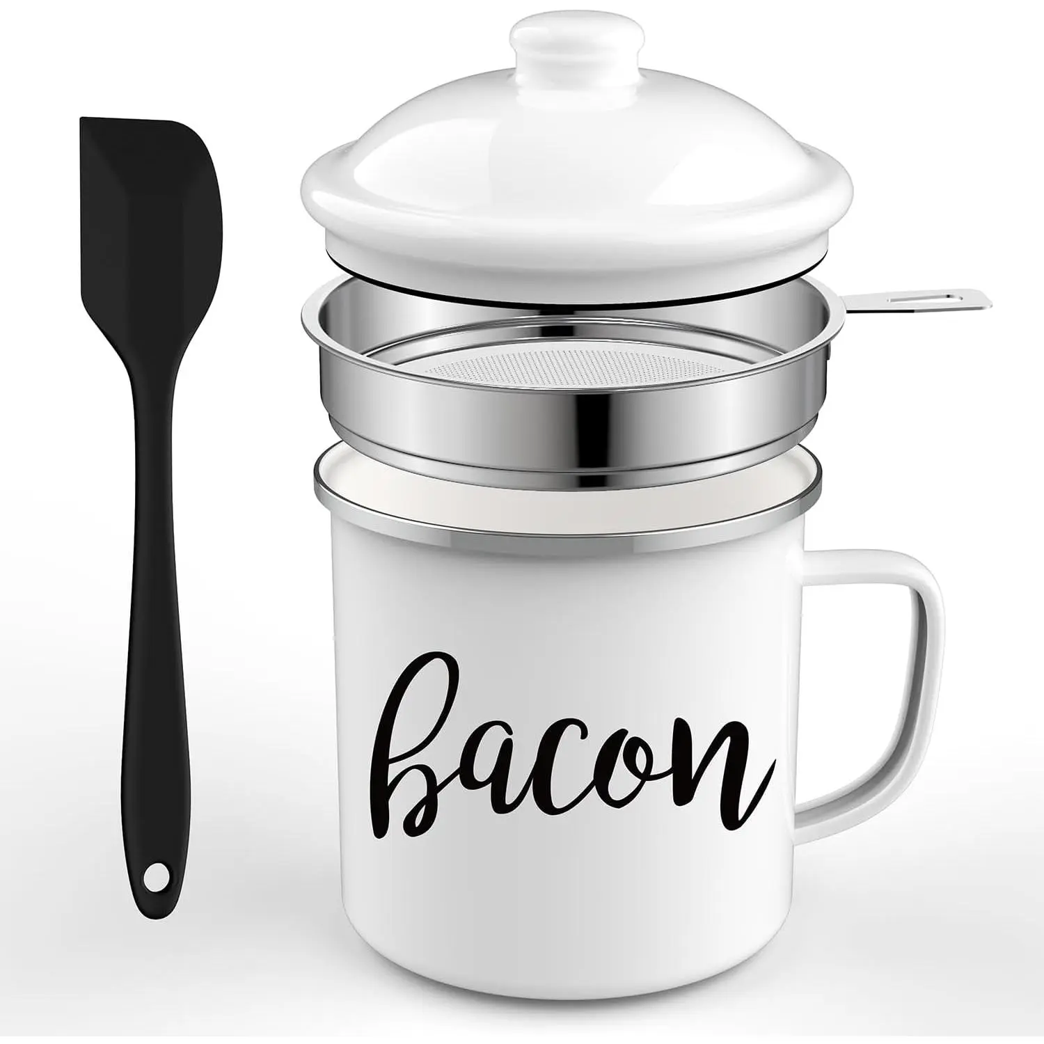Bacon Grease Saver with Strainer, 46oz Large Capacity Bacon Grease Container With Silicone Spatula, Farmhouse Bacon Grease Keeper For Kitchen Fat Storage, Dishwasher Safe,White