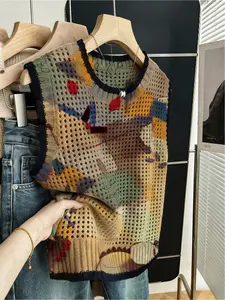 Spring and summer vacation bohemian style casual loose crew neck sleeveless hollow-out color-block trim khaki, artistic graffiti print women's knitted top for spring and summer, summer women's outdoor top vest cover-up, ladies' summer knitted top, summer