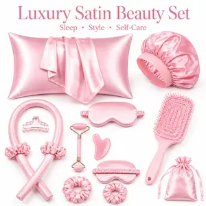 13Pcs Satin Hair Care Sleep Set for Women, Heatless Curling Rod Kit with Silk Pillowcase, Satin Bonnet, Sleep Mask, Scrunchies, Detangling Brush & Beauty Accessories for Frizz-Free Overnight Curls, Daily Self Care & Gifts