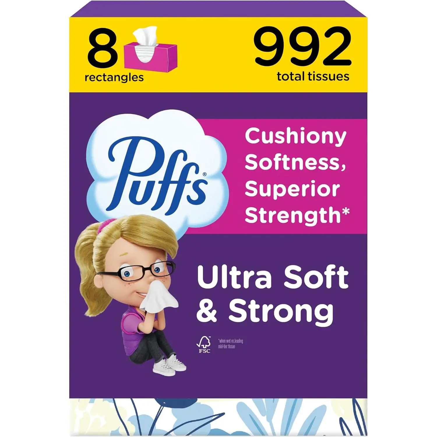 Ultra Soft Non-Lotion Anti-Allergic Facial Tissues, 8 Rectangle Boxes (992 Sheet Count Total), 124 Tissues per Box, for Cold and Flu, All Seasons Use (Packaging May Vary)