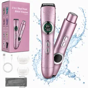 Bikini Trimmer for Women, 2 in 1 Dual Head Electric Shaver with Digital Display,Wet & Dry Use  Pubic Hair Trimmer for Face, Underarms, Legs & Intimate Areas - Portable Cordless Shaver with Fast Charging, Self Care Gifts for Women