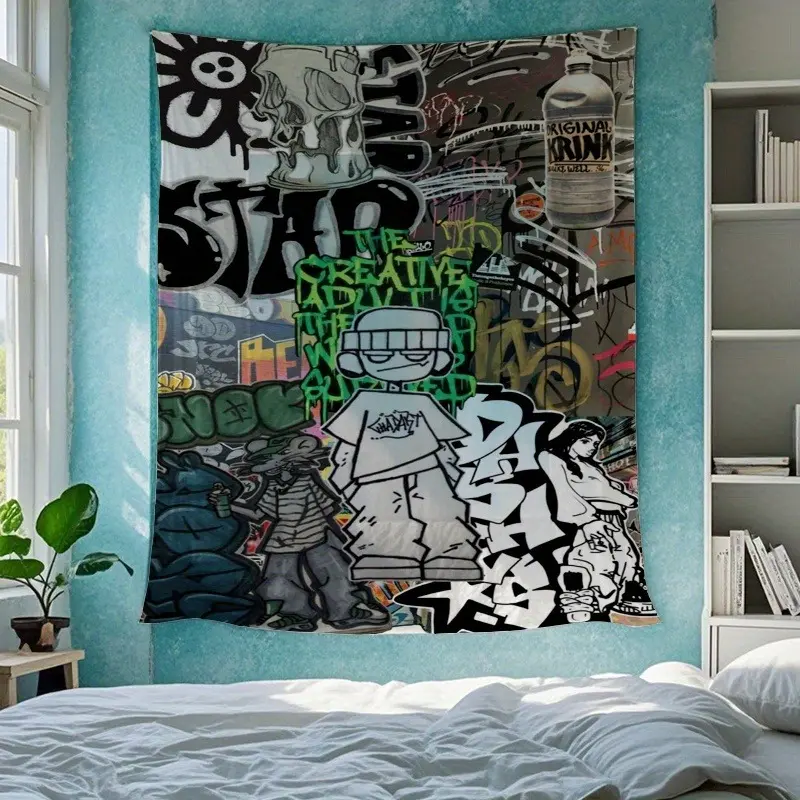 An urban graffiti print tapestry with a fun design, perfect for living rooms, bedrooms, dorm rooms or birthday and Christmas decorations Gift Wall