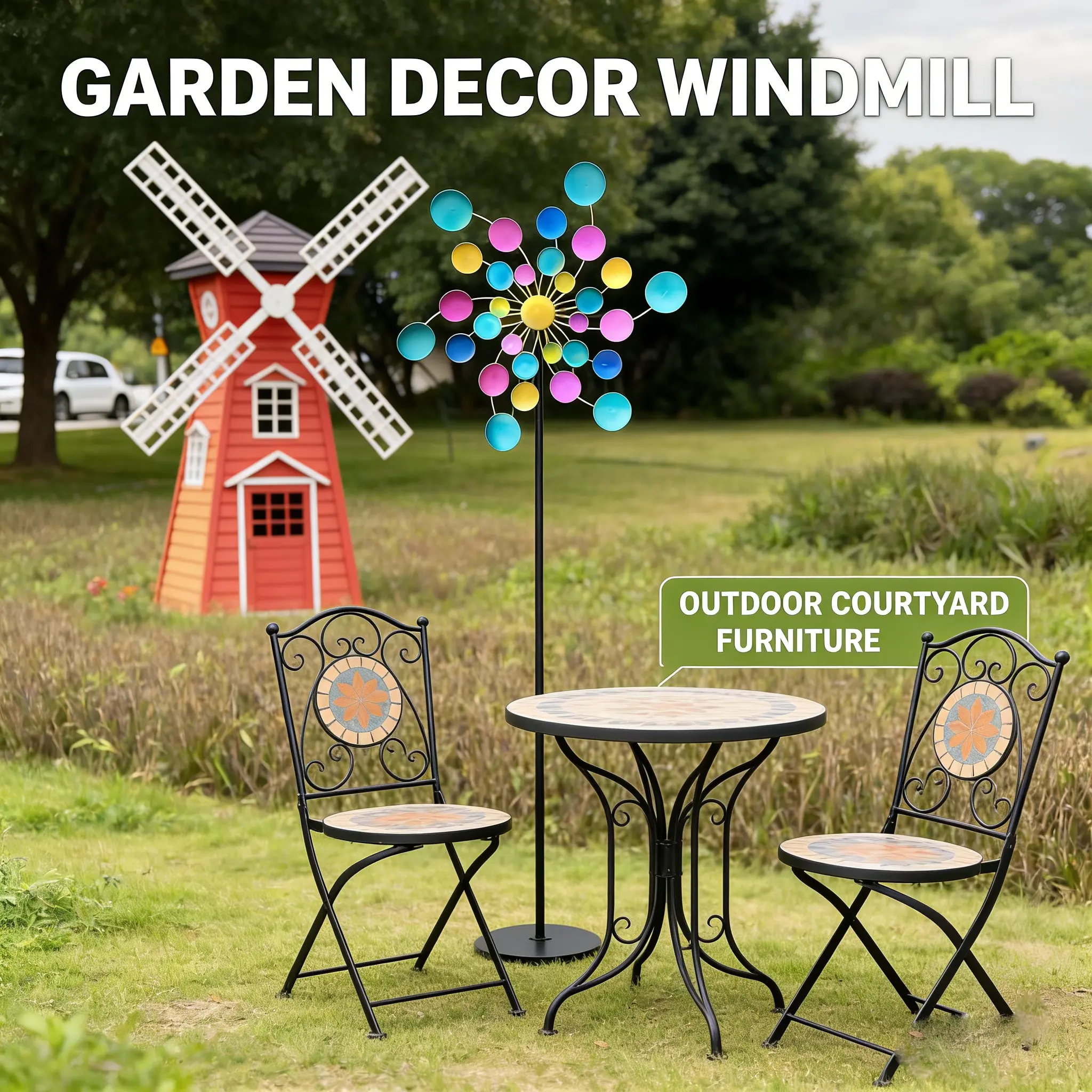 Multicolor Metal Wind Spinner - 360° Rotates Iron Wheel with Decorative Stakes, Outdoor Yard Decoration for Garden & Kids Playground (Home Improvement Garden Supply)