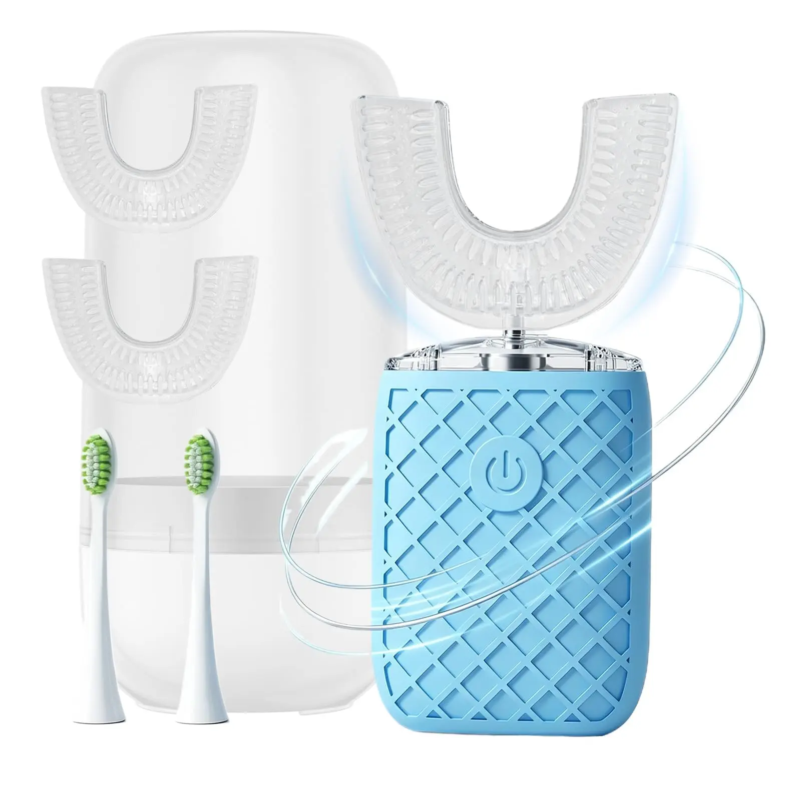 YEKLIKE Adult Sonic Electric U-Shaped Toothbrush, Automatic Full Mouth Cleaning, 360° Stain Removal, IPX7 Waterproof Rechargeable, 3 U-Shape & 2 Straight Brush Heads (Blue-Cup)