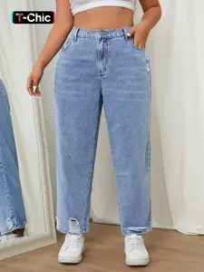 Women's Plus Size Jeans, Fitted, Light Wash, Ripped Effect, Button Design, Casual Fashion, Streetwear, Daily Wear, All Seasons Women's Plus Size Denim Jeans, Pants