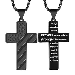 Black Cross Necklace - American Patriotic Accessory, Titanium Steel US Flag Pendant with Elegant Gift Box, Polished Finish, Highly Resistant to Rust and Corrosion, Inspirational Bible Verse