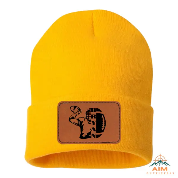 Custom Football Beanie with Personalized Leather Patch | Sportsman 12" Knit Hat