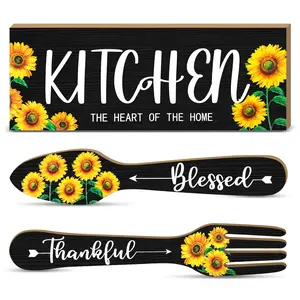 Wooden Sign, 3pcs/set Sunflower & Letter Pattern Hanging Sign, Fork and Spoon Summer Rustic Farmhouse Design Farmhouse Wall Art Decor for Kitchen Home