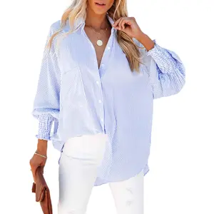 Asvivid Women's Casual Button-Down Striped Blouse Tops with Elastic Cuffs Smocked Stripe Business Casual Pocketed Long Sleeve Shirt Lantern Sleeve Spring Fashion Fall Outfits