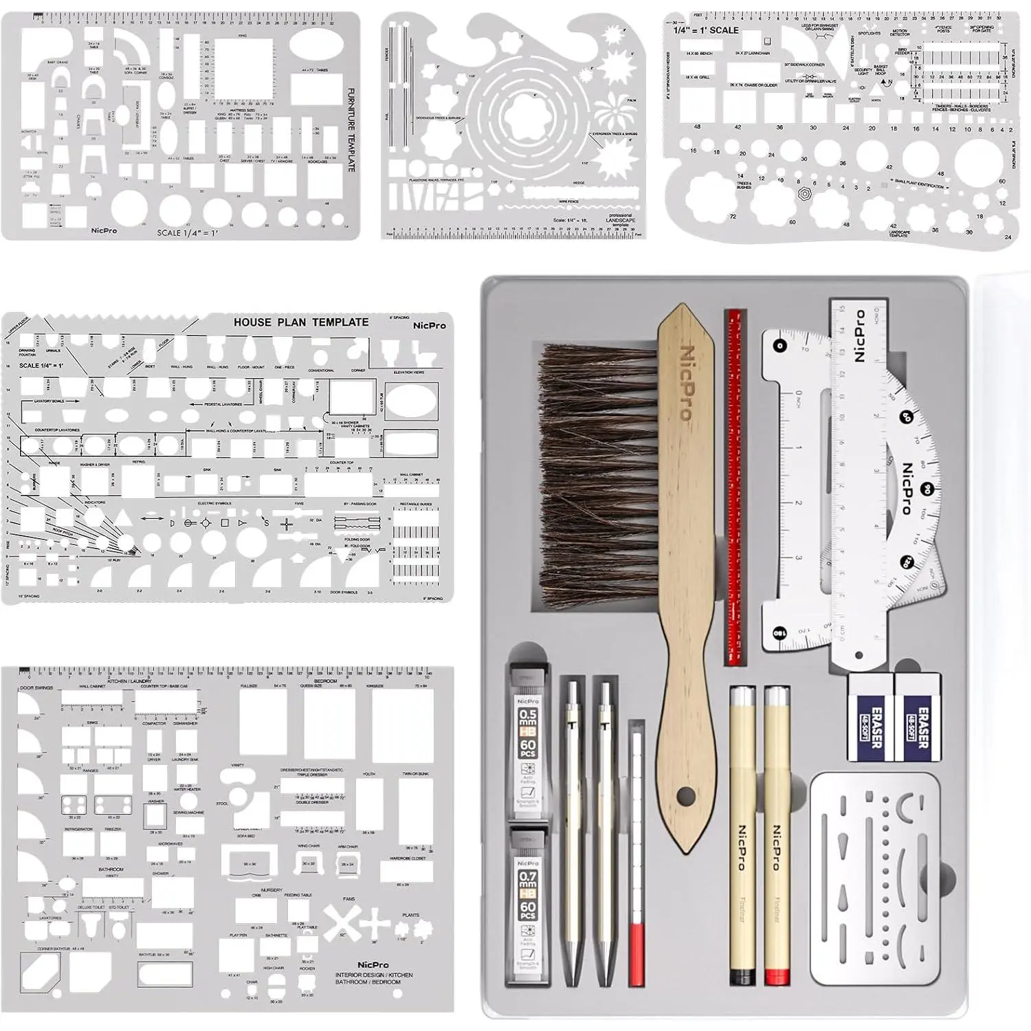 21PCS Professional Drafting Tools & Geometry Set with Case, Architect Compass & Protractor Set, Metal Pencils, Pens, Scale Ruler Metal Ruler, 5 Drawing Templates for Interior House Plan,