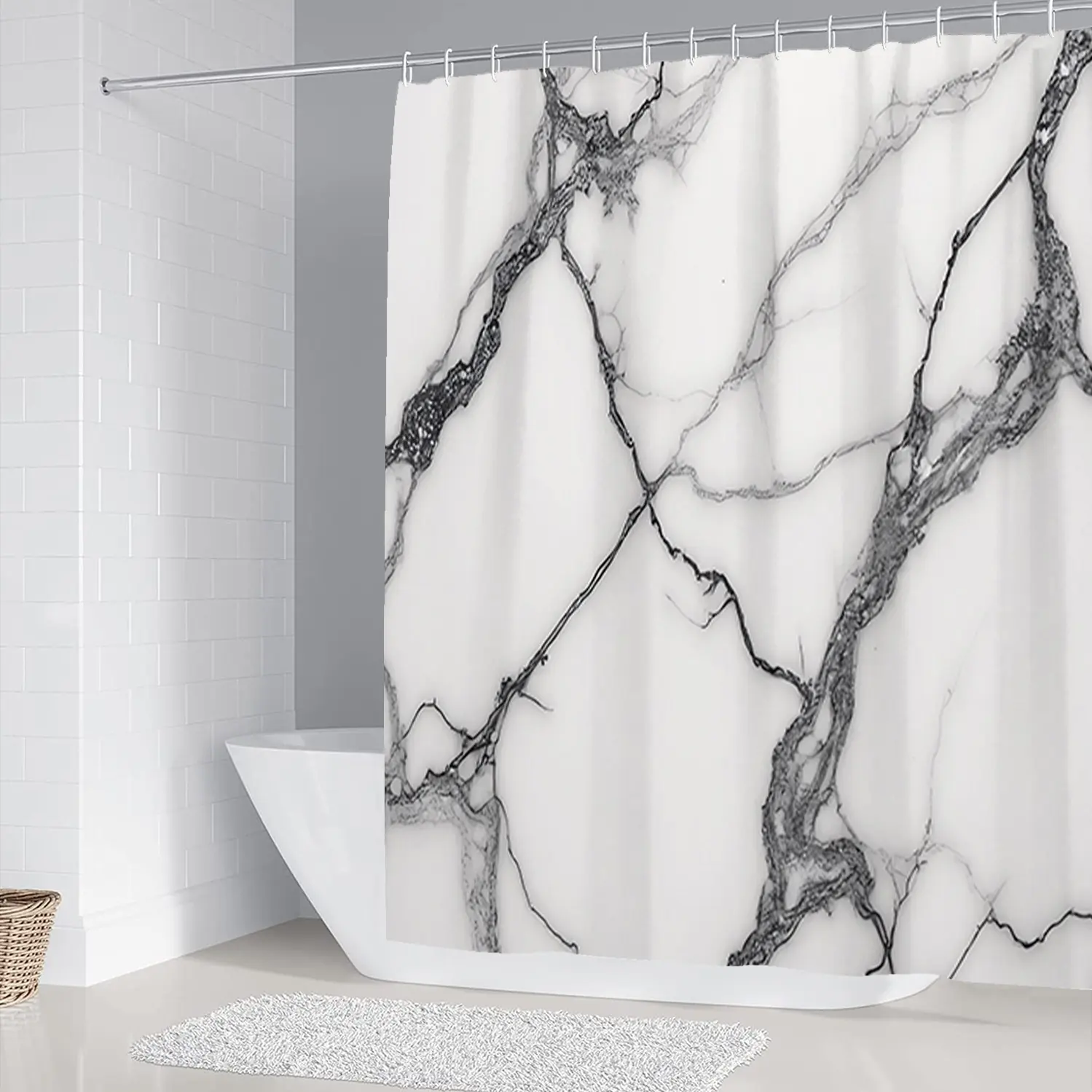 Marble Pattern Bathroom Set Includes Shower Curtain Sets and Rug, Non-Slip Bath Mat, U-Shaped Toilet Lid Cover Pad, Modern Home Decor Accessories, Restroom Bathroom Accessories, Bathroom Decoration, Bathroom Essentials