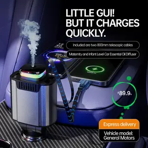 6-in-1 45W Car Charger, Multifunctional PD Fast Charge Adapter with Aromatherapy, Starry Sky Projection Lamp, Safety Hammer Window Breaker, 2 Retractable Charging Cables for iPhone & Android