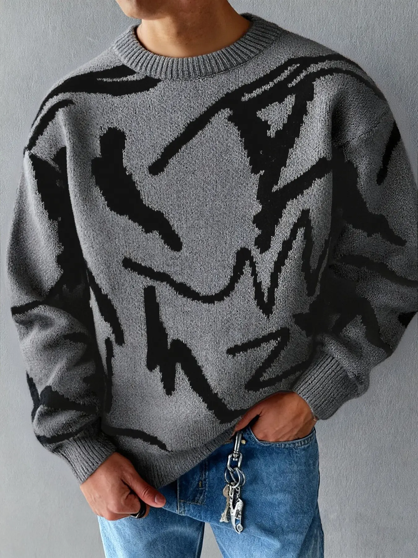 Men's Multicolor Abstract Graffiti Sweater, Vintage and Trendy Design, Perfect with Jeans, Street Style High Fashion