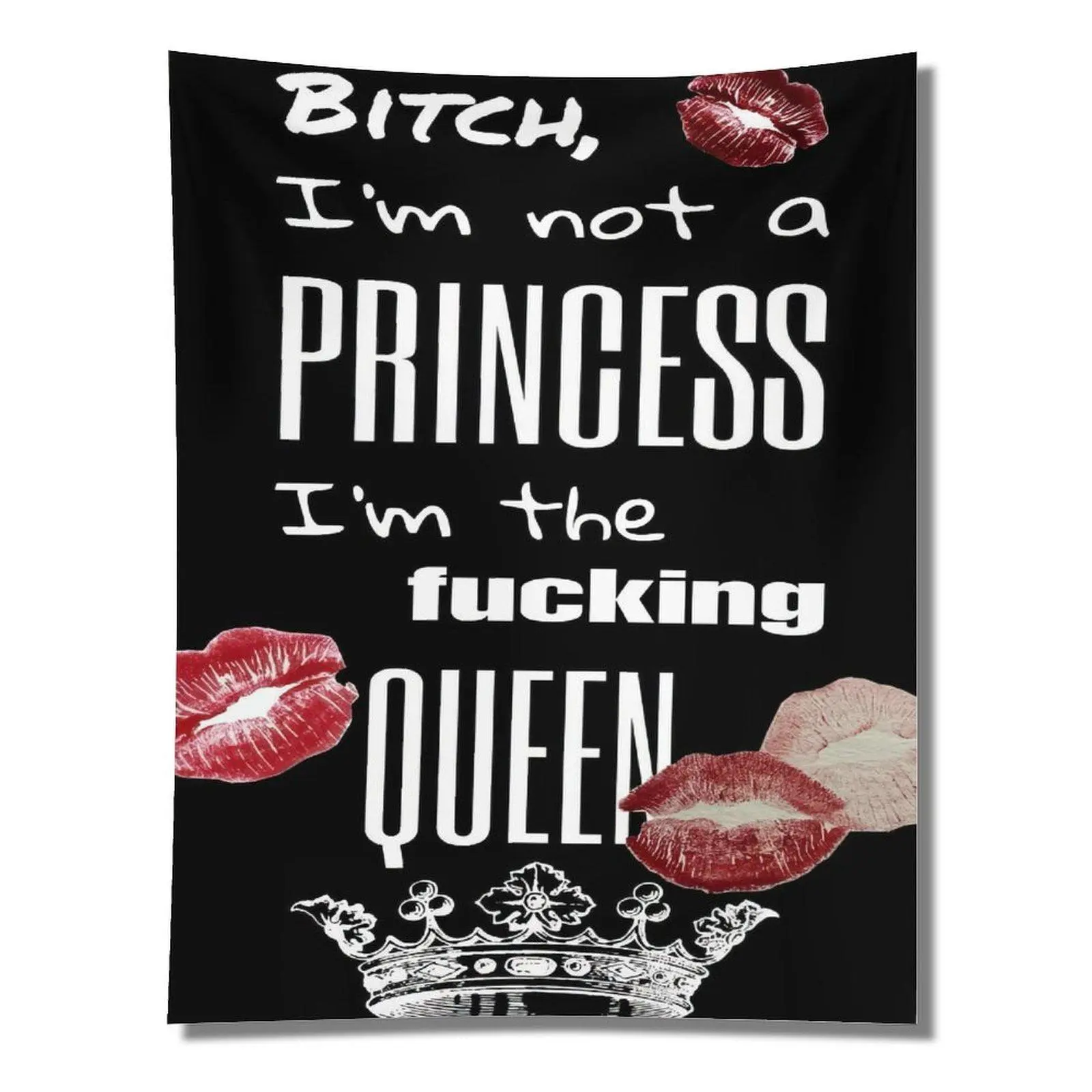 I’m Not A Princess I’m The Queen Red Lip Print Crown Black Background Wall Tapestry Wall Hanging, Sassy Girl Boss Edgy Teen Dorm Bedroom Decor Backdrop