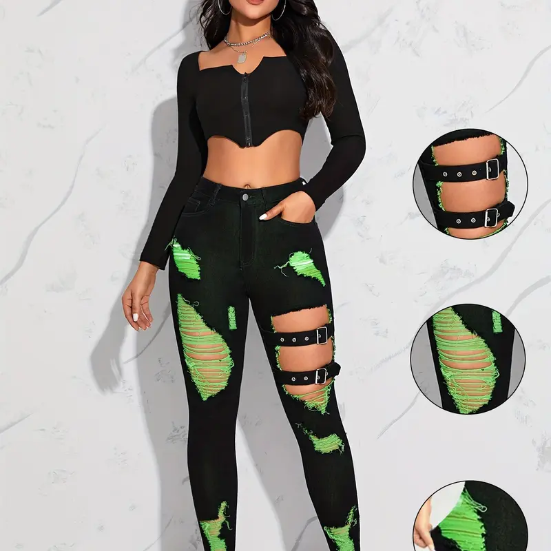 New 2026 Elastic Pants High Waist Slim Fit Hollow Out Colorblock Leg Dual Belt Design Fashion Aesthetic Streetwear Street Punk Style Washed Denim High Rise Jeans Bottoms