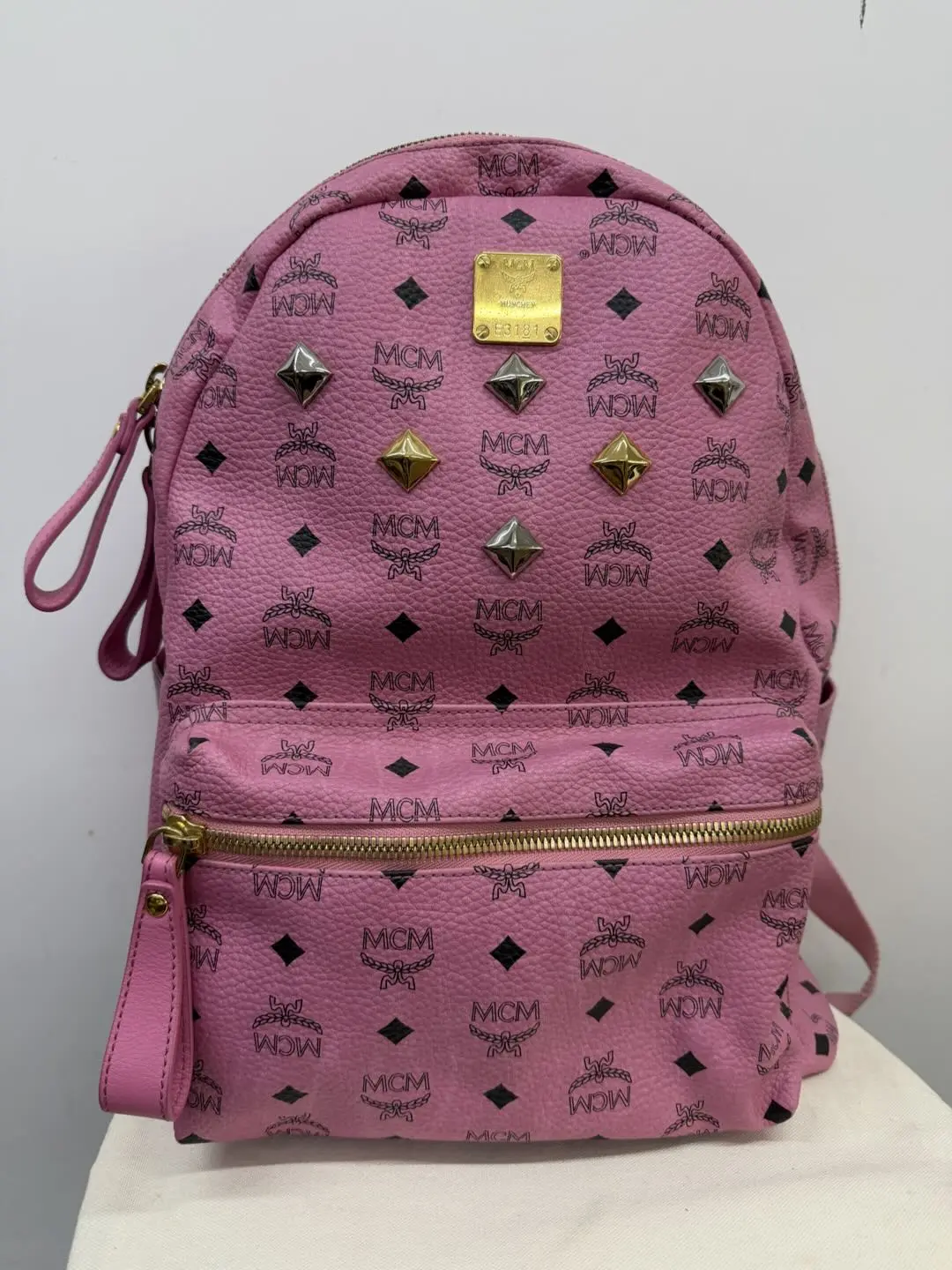 Pre-owned MCM Large Stark Backpack in Pink Visetos Coated Canvas with Studded Embellishments and Gold Tone Hardware