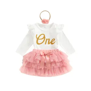 Baby Girl First Birthday Outfit One Fly Sleeve Romper and Tutu Skirts Set with Headband Baby My 1st Birthday Clothes
