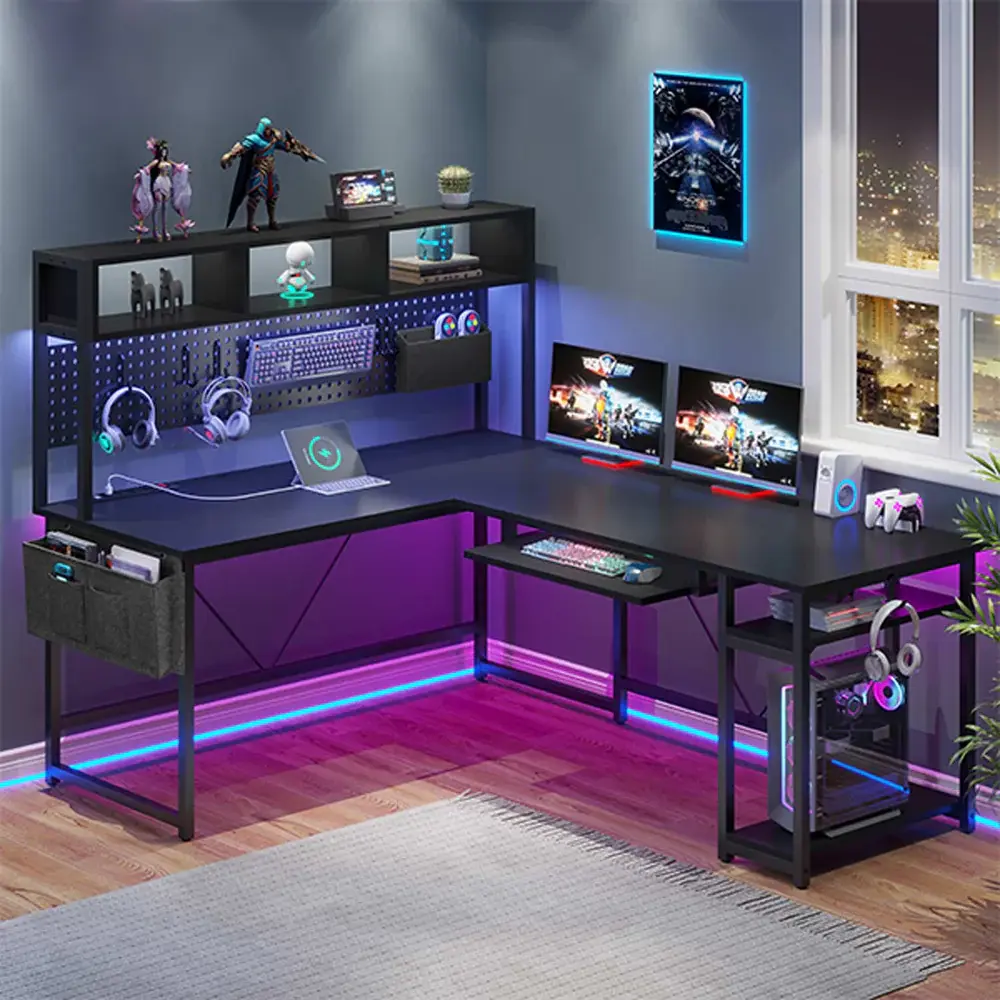 SIKAIC L-Shaped Reversible LED Computer Gaming Desk with Power Outlets, Modern Corner Computer Desk for Gaming Setup, Office Use, Computer Gaming Desks