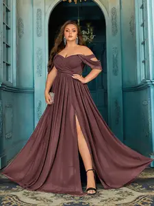 Plus Size Coral Pink Off Shoulder Chiffon Bridesmaid Dress | High Slit A-line Wedding Guest Gown