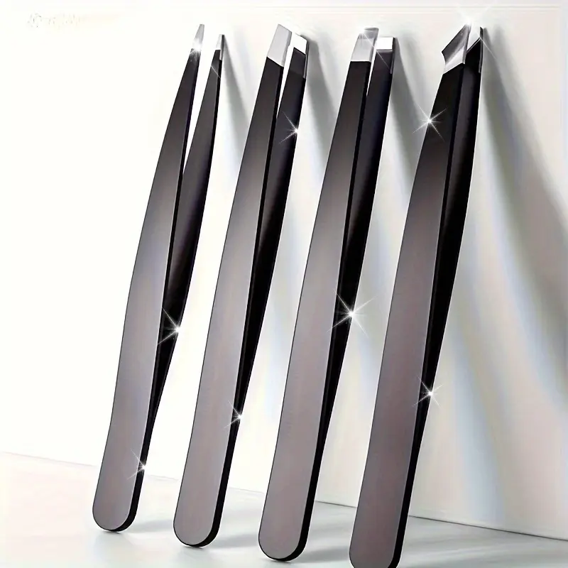 Black (4pcs) Stainless Steel Unisex Eyebrow Tweezer Set - 4-Pack with Slant & Pointed Tips, Anti-Slip Grip Precision Hair Remover, Ideal for Model Building & Crafts