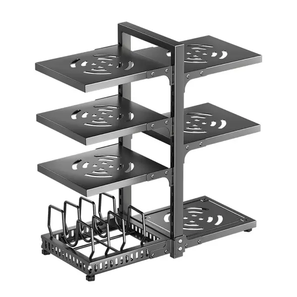 7-Tier Adjustable Double-Sided Pot Rack Organizer with Pan & Lid Holder, Freestanding Cookware Storage Shelf for Kitchen Countertop, Cabinet,Installation,Black