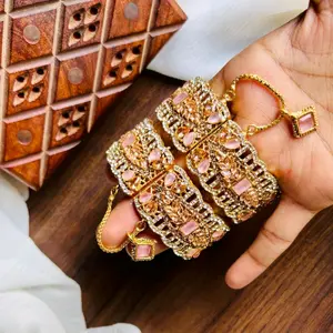 Vibrant Bangle Kara Set Pair with Tassel Fits 2.4-2.6- 2.8. Traditional Indian Rhinestone & Bead Bracelet Set