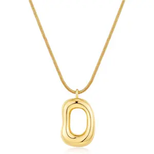 Women's 18K Gold Plated Irregular Oval Pendant Necklace - Chunky Snake Chain, Minimalist Statement Long Necklace