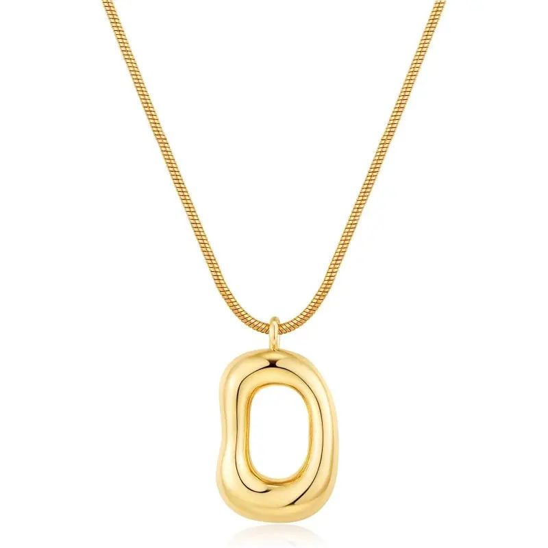 Women's 18K Gold Plated Irregular Oval Pendant Necklace - Chunky Snake Chain, Minimalist Statement Long Necklace