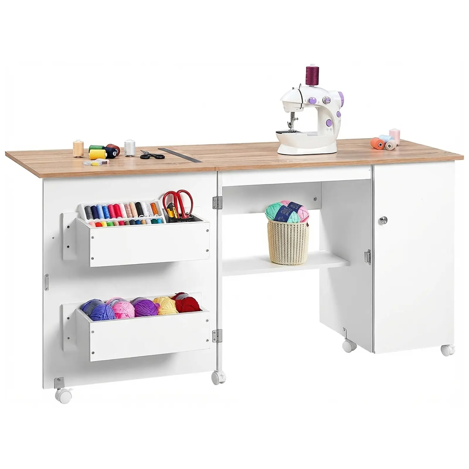 Folding Sewing Table with Storage Shelves & Trays - Sewing Machine Desk for Office - Lockable Wheels - Magnetic Doors - Multipurpose Craft Station