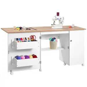 Folding Sewing Table with Storage Shelves & Trays - Sewing Machine Desk for Office - Lockable Wheels - Magnetic Doors - Multipurpose Craft Station