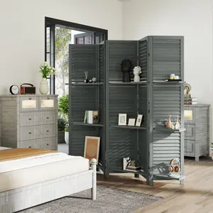 Gray 5-Panel 67" Tall Wood Privacy Screen Room Divider with 3 Shelves, Folding Storage - Freestanding Partition for Bedroom, Living Room, Home Office, Plant Display