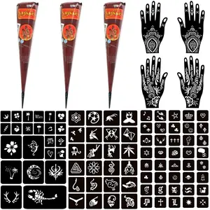 Temporary Tattoo Kits 3 Henna tattoo cones 101 Stencils Semi Permanent Tattoo Markers Jagua Gel for Women Men Kids DIY Art Painting Party Gifts