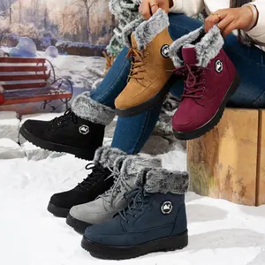 Snow Boots for Womens Ankle Boots Fur Lined Side Zipper Solid Color Thick Bottom Flat Non Slip Waterproof Resistant Thickened Warm Winter Outdoor Sneakers Snow Boots